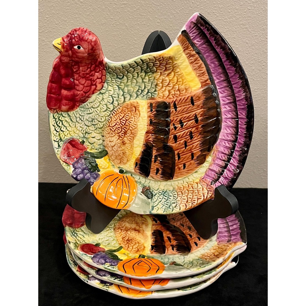 Vintage Turkey Plates Set of 4 Ceramic Thanksgiving Fall Harvest 7.5"